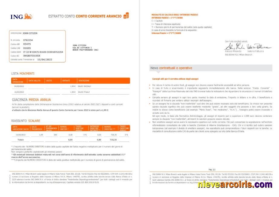 Italy ING bank statement 2 pages